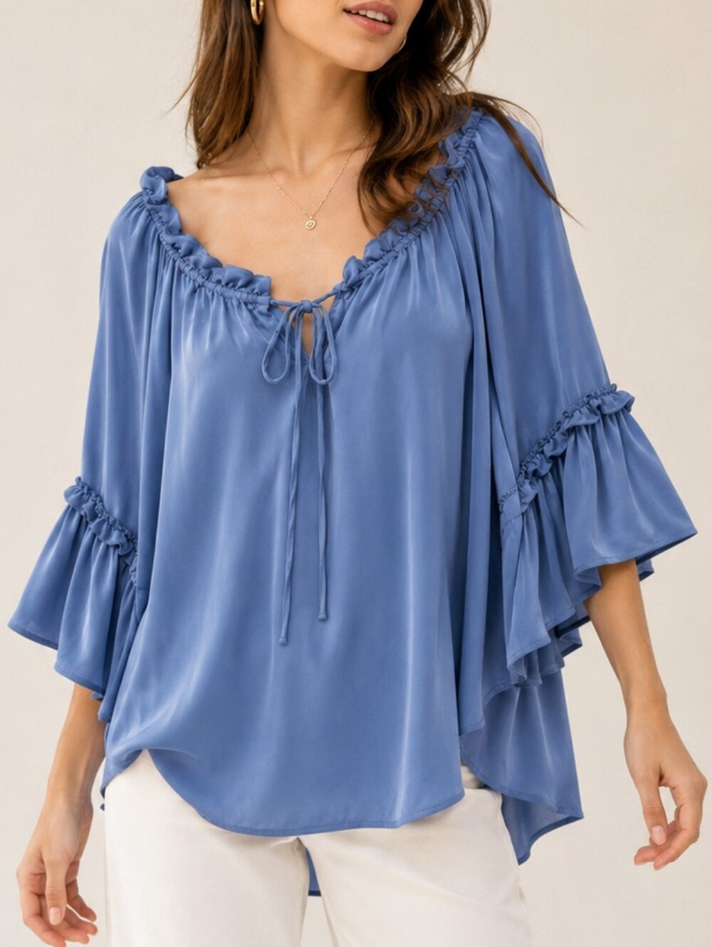 Milly Silk Off The Shoulder Ruffle Blouse Blue Women Size 6 Boho Peasant Top